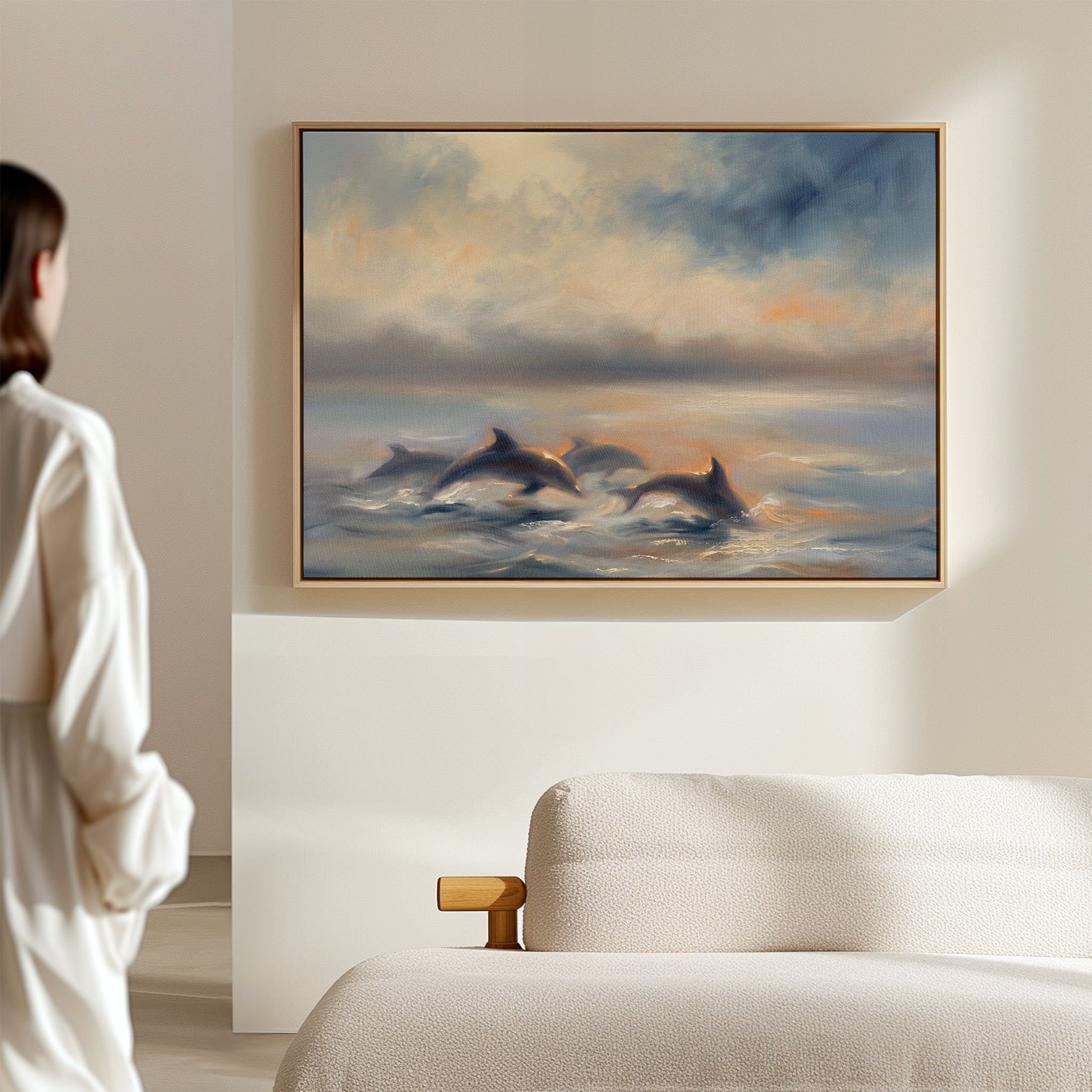 A person in a white shirt admires the "Dolphin Pod at Sunset Canvas Art - Horizontal," a large dolphin wall print hung above a cream sofa in a modern, minimalist room.