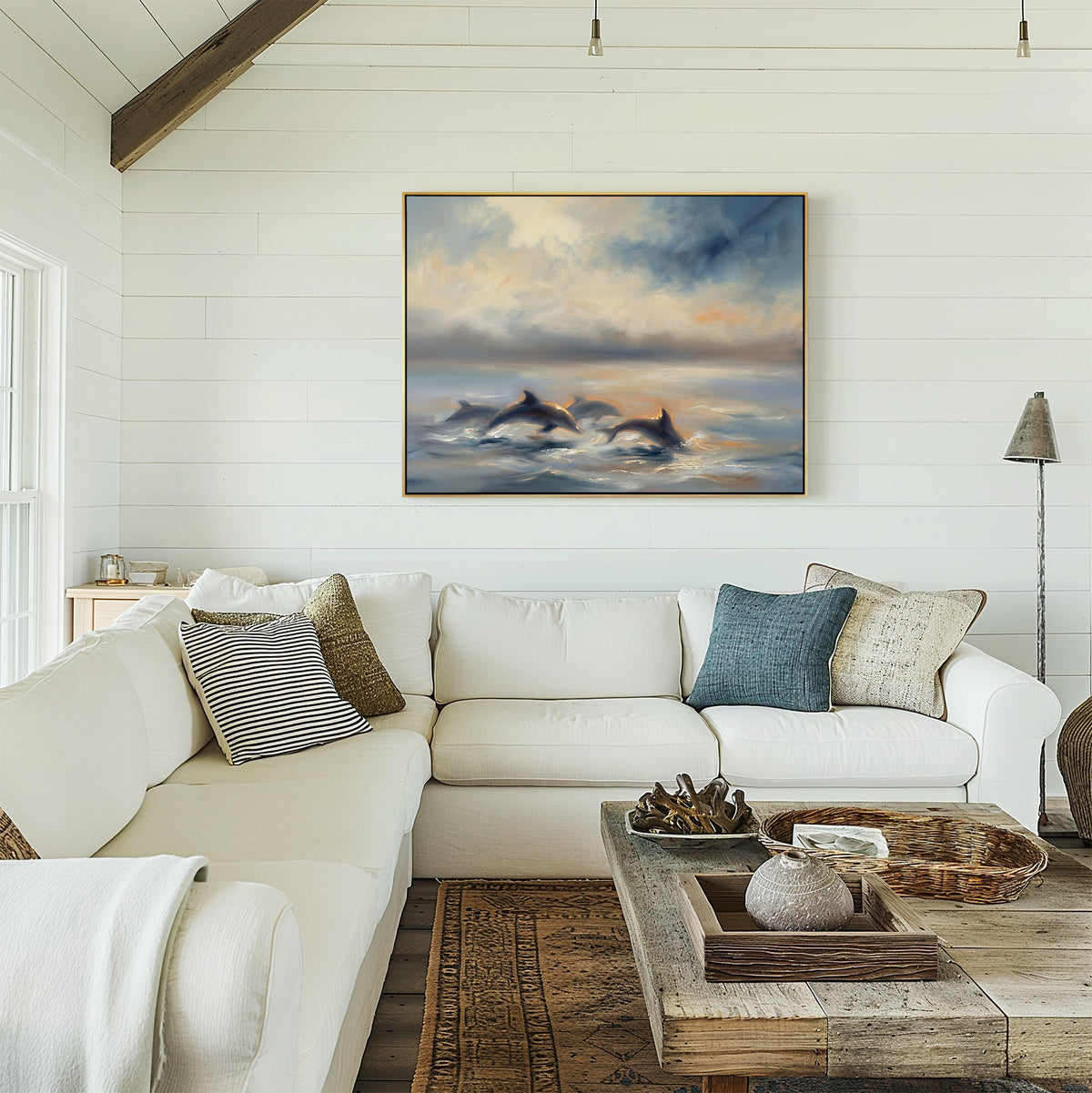 A bright, cozy living room with white shiplap walls, a large white sectional sofa with assorted pillows, a rustic wooden coffee table, and coastal decor featuring the Dolphin Pod at Sunset Canvas Art - Horizontal above the couch.