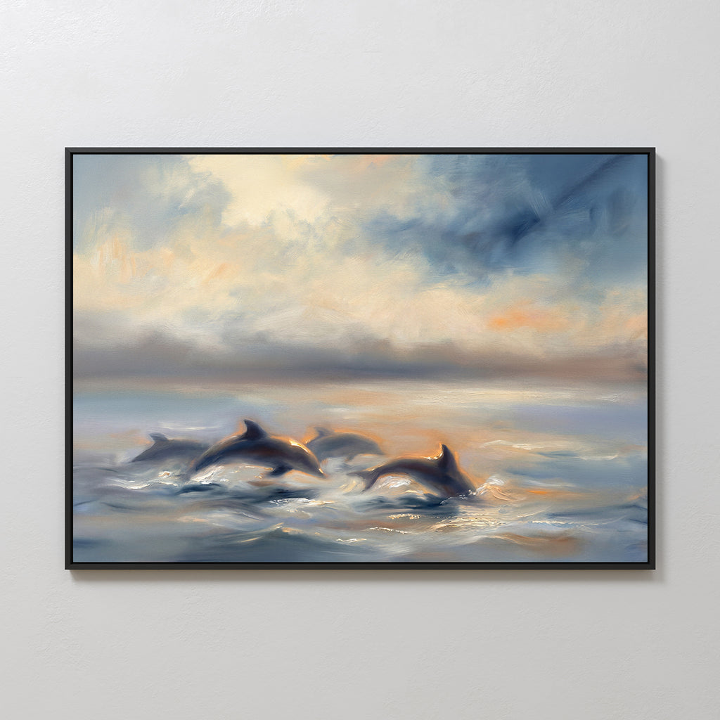 The "Dolphin Pod at Sunset Canvas Art - Horizontal" features dolphins swimming together in a misty ocean beneath a colorful sunset, making it the perfect serene wall art print for coastal decor.