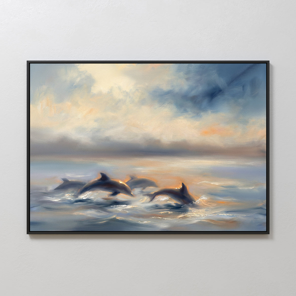 The "Dolphin Pod at Sunset Canvas Art - Horizontal" features dolphins swimming together in a misty ocean beneath a colorful sunset, making it the perfect serene wall art print for coastal decor.