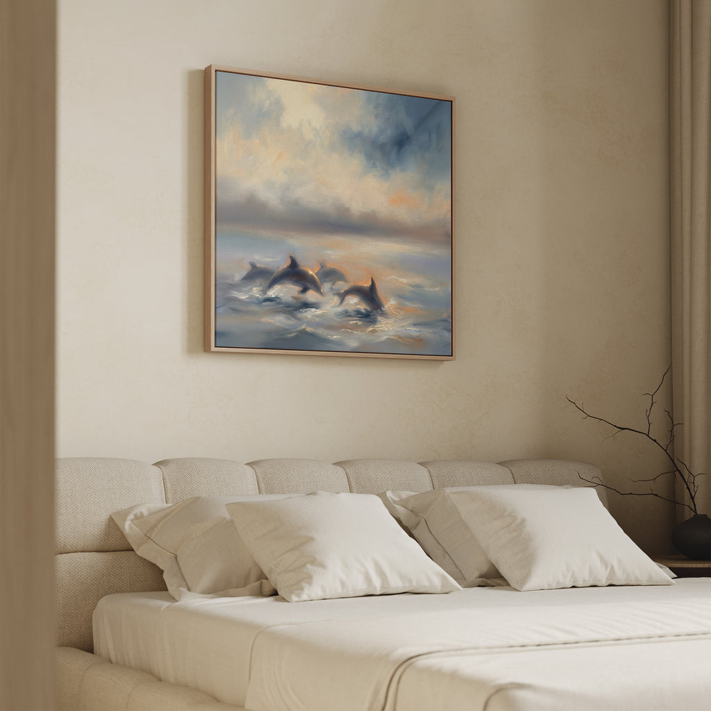 A cozy, neutral-toned bedroom with a beige bed and white pillows features the "Dolphin Pod at Sunset Canvas Art - Square" above the bed, showcasing dolphins swimming under a colorful, cloudy sky.