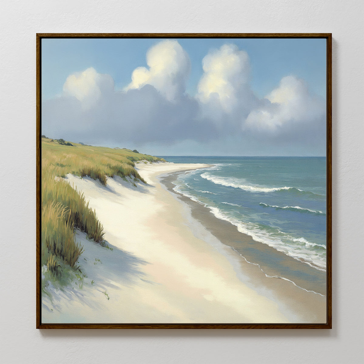 Dune Whispers Canvas Art - Square features a serene coastal landscape with tranquil waters, making it the perfect seaside artwork or canvas print to enhance your home décor.