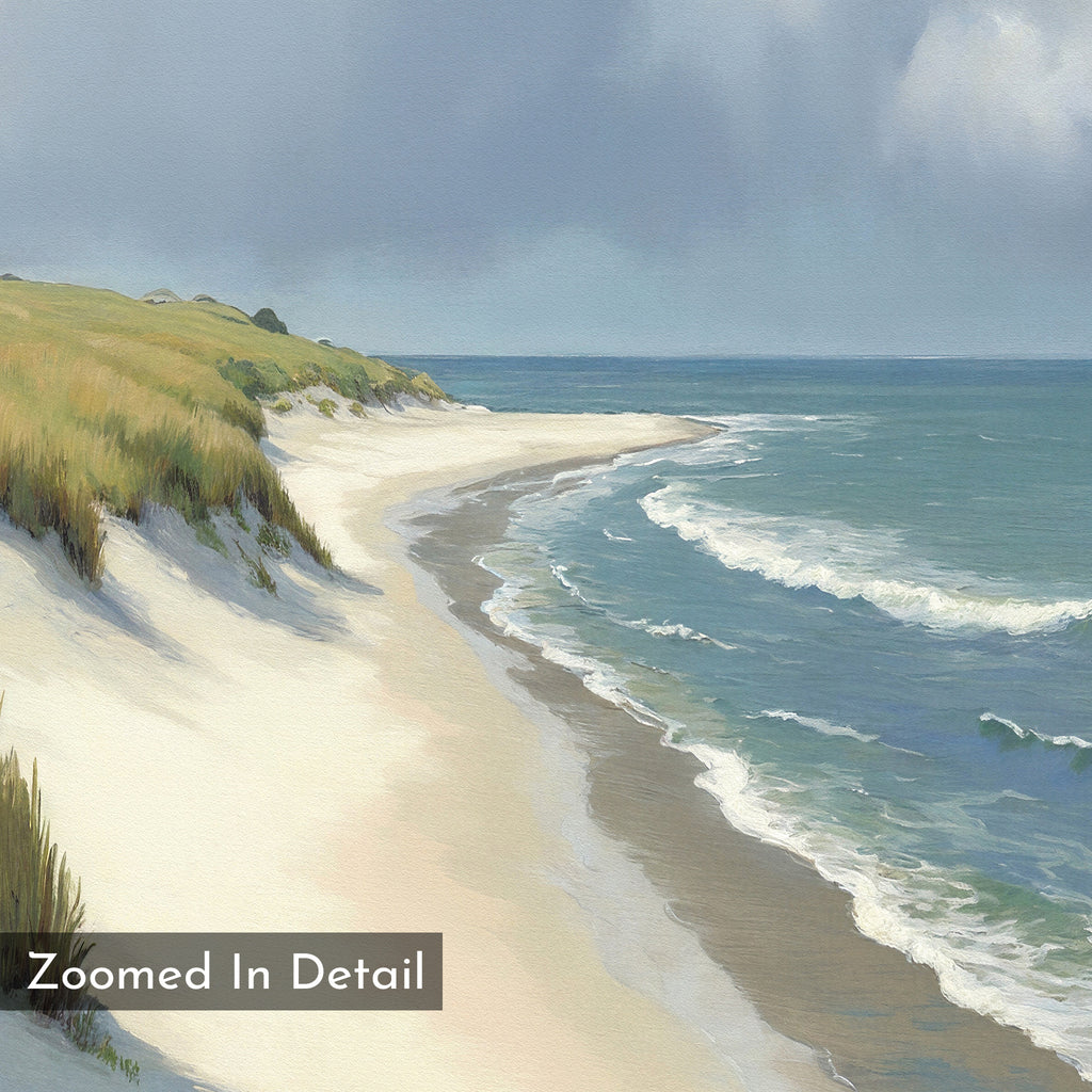 A painting of a sandy beach with gentle waves, grassy dunes, and a partly cloudy sky. "Zoomed In Detail" appears in the lower left—perfect as the Dune Whispers Canvas Art - Vertical for elegant seaside wall decor.