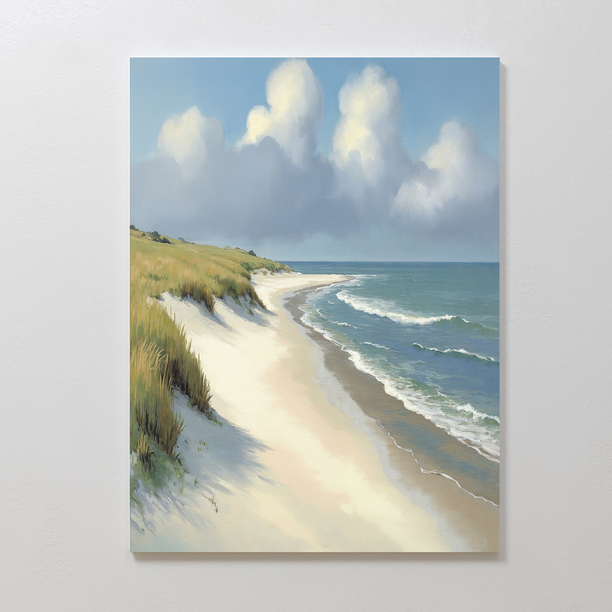 Dune Whispers Canvas Art - Vertical features a serene sandy beach with gentle waves, grassy dunes on the left, and fluffy clouds in a blue sky—perfect for enhancing any coastal landscape artwork collection.