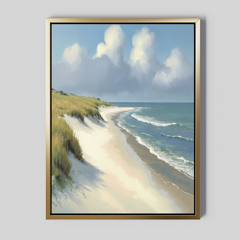 Dune Whispers Canvas Art - Vertical: A framed coastal landscape featuring a sandy beach, gentle waves, grassy dunes on the left, and a vibrant blue sky with fluffy white clouds.