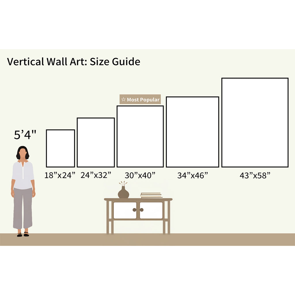 Illustration of a 54 tall woman beside a table showing five sizes of Dancing Silhouettes Abstract Canvas Art for living room decor: 18x24, 24x32, 30x40 (most popular), 34x46, and 43x58.