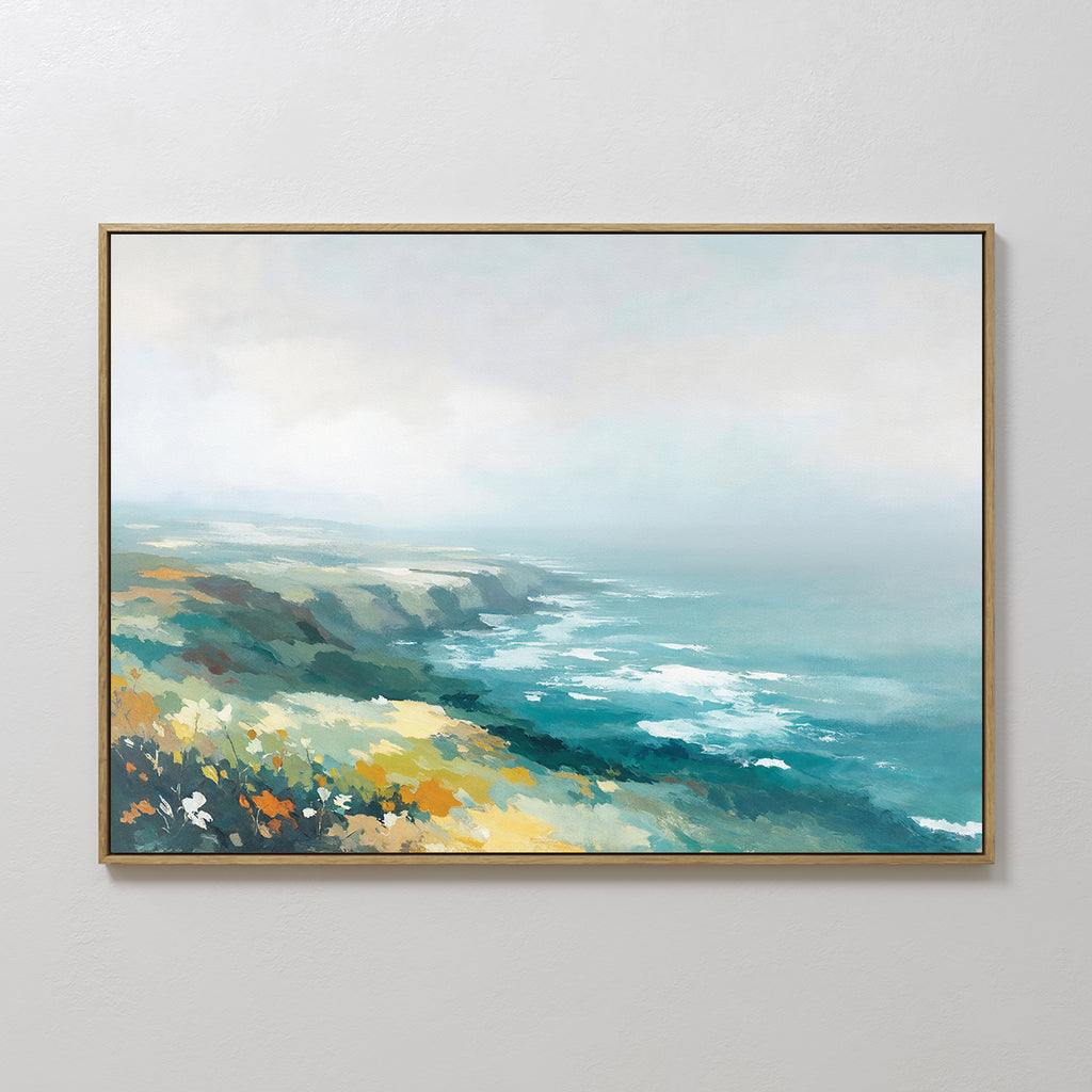 The Emerald Cliffs Canvas Art - Horizontal features a framed coastal landscape with cliffs, waves, and wildflowers in blue, green, yellow, and white tones merging into a misty sky for a serene Nordic park ambiance.