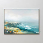 The Emerald Cliffs Canvas Art - Horizontal features a framed coastal landscape with cliffs, waves, and wildflowers in blue, green, yellow, and white tones merging into a misty sky for a serene Nordic park ambiance.