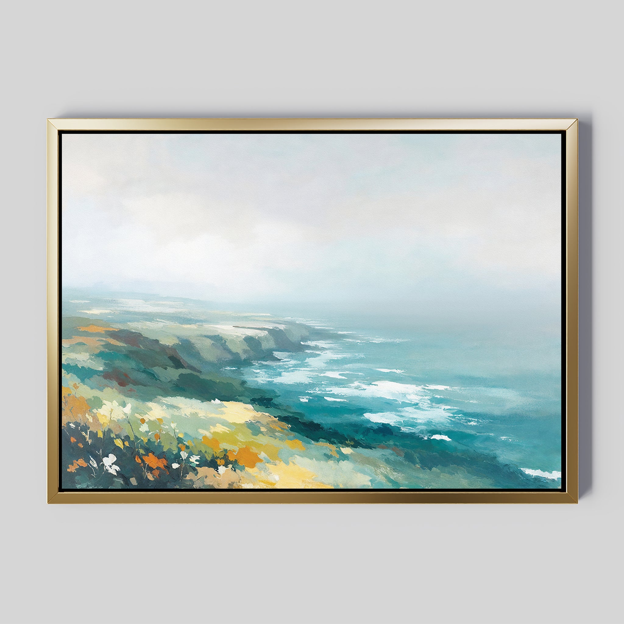 The Emerald Cliffs Canvas Art - Horizontal features a coastal landscape with misty skies, rocky cliffs, ocean waves, and wildflowers in the foreground, all depicted in soft blue, green, and yellow hues.