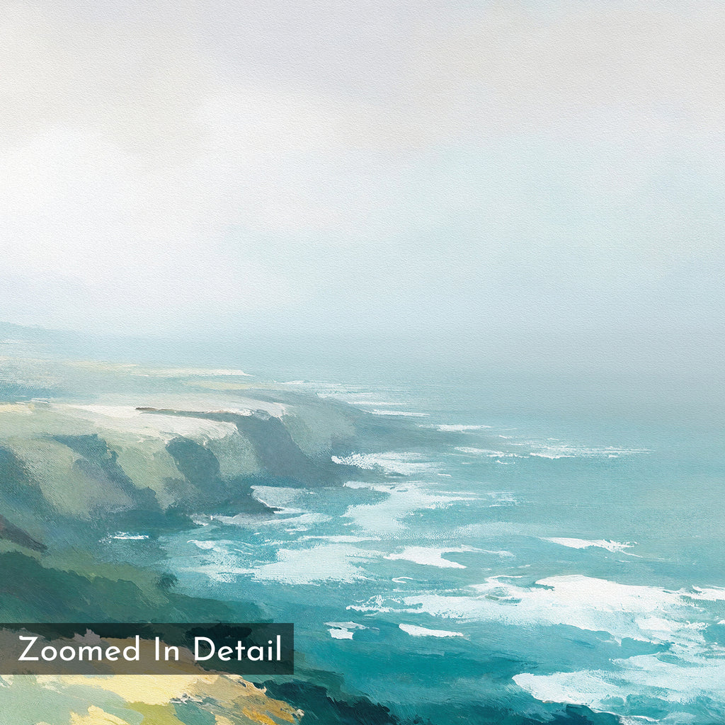 The Emerald Cliffs Canvas Art - Horizontal features a soft, pastel coastal landscape with cliffs and waves fading into a hazy sky. "Zoomed In Detail" appears in the bottom left corner, adding a subtle touch to this serene decor piece.