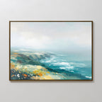 Emerald Cliffs Canvas Art - Horizontal: Framed print showcasing a soft, impressionistic coastal landscape with blue ocean waves, green cliffs, and yellow wildflowers beneath a misty sky, capturing the serene beauty of a Nordic park.