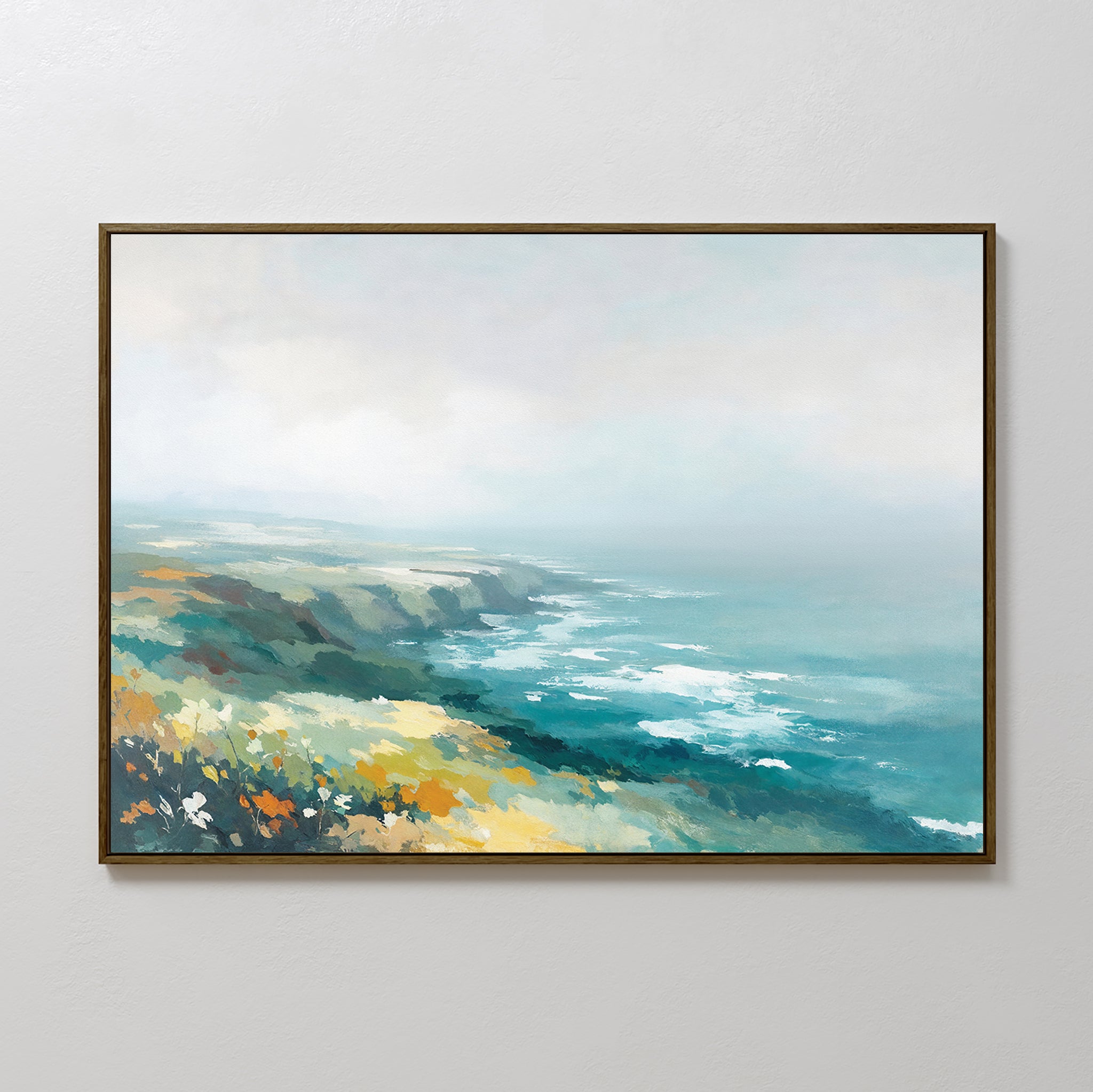 Emerald Cliffs Canvas Art - Horizontal: Framed print showcasing a soft, impressionistic coastal landscape with blue ocean waves, green cliffs, and yellow wildflowers beneath a misty sky, capturing the serene beauty of a Nordic park.