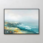 Emerald Cliffs Canvas Art - Horizontal features an impressionistic coastal landscape with cliffs, green and yellow foliage, and blue ocean waves beneath a misty sky, evoking the tranquil beauty of a Nordic Park.