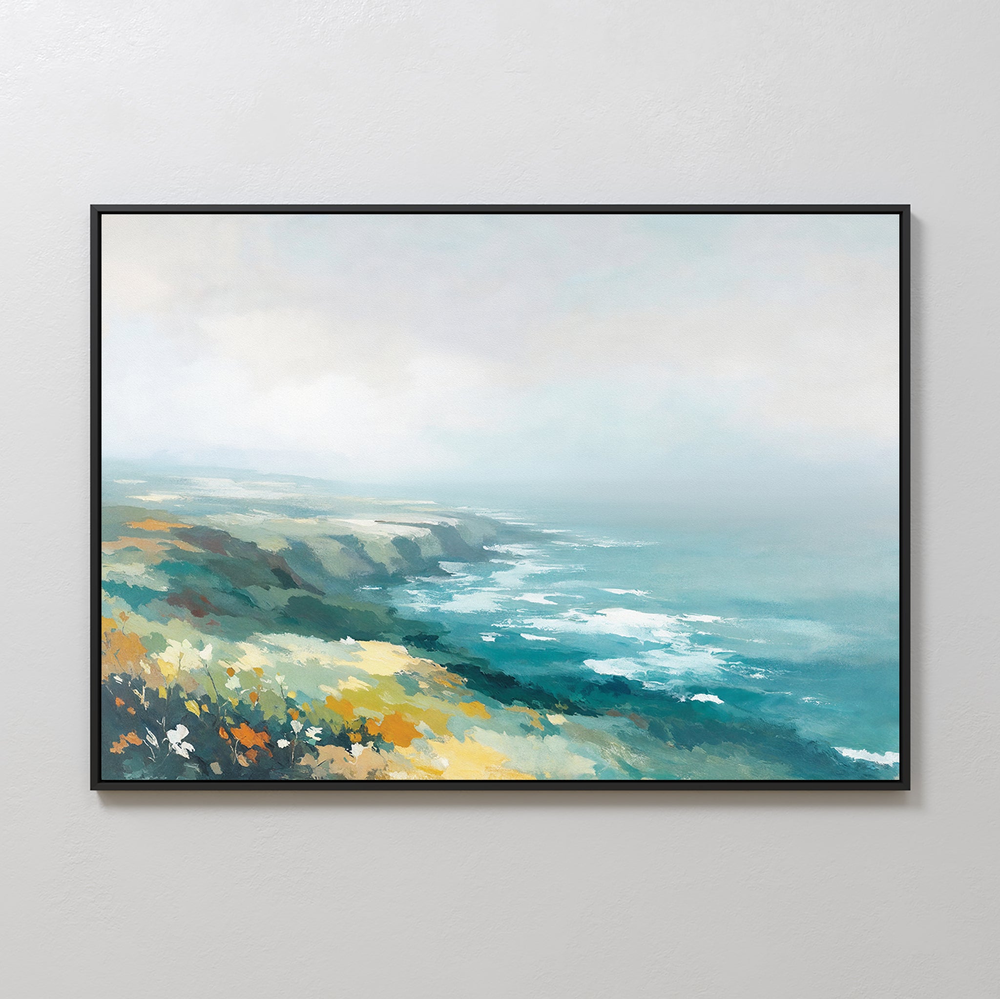 Emerald Cliffs Canvas Art - Horizontal features an impressionistic coastal landscape with cliffs, green and yellow foliage, and blue ocean waves beneath a misty sky, evoking the tranquil beauty of a Nordic Park.