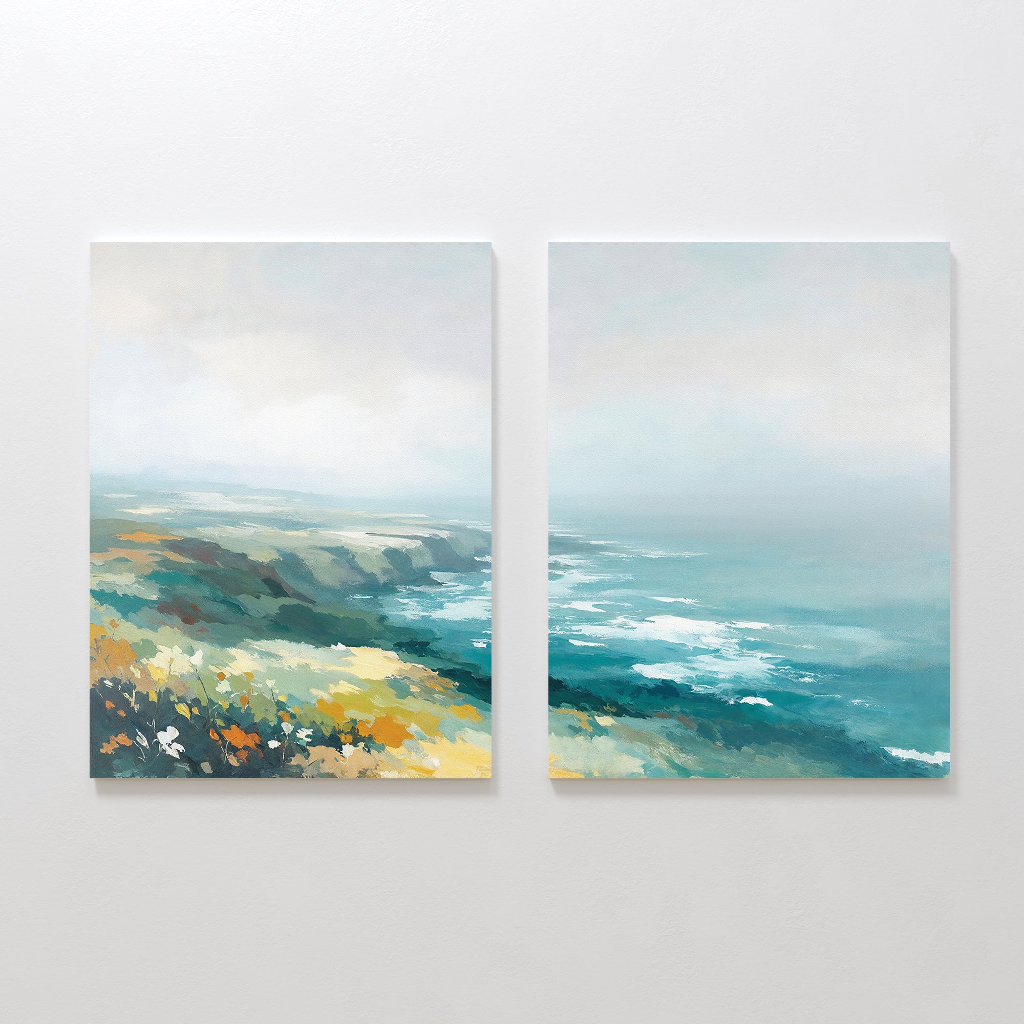 The Emerald Cliffs - Set of 2 features canvas prints of abstract coastal landscapes with emerald cliffs, blue-green waves, rocky shores, and yellow-green foliage beneath a misty sky.