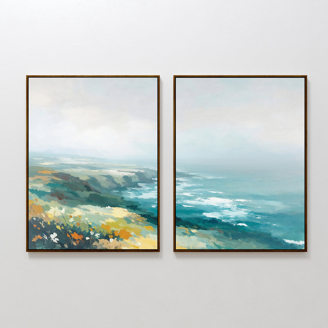 The Emerald Cliffs - Set of 2 features framed canvas prints of abstract coastal landscapes in blue, green, and yellow hues, showing ocean waves and rocky shoreline beneath a misty sky—ideal for modern interiors.