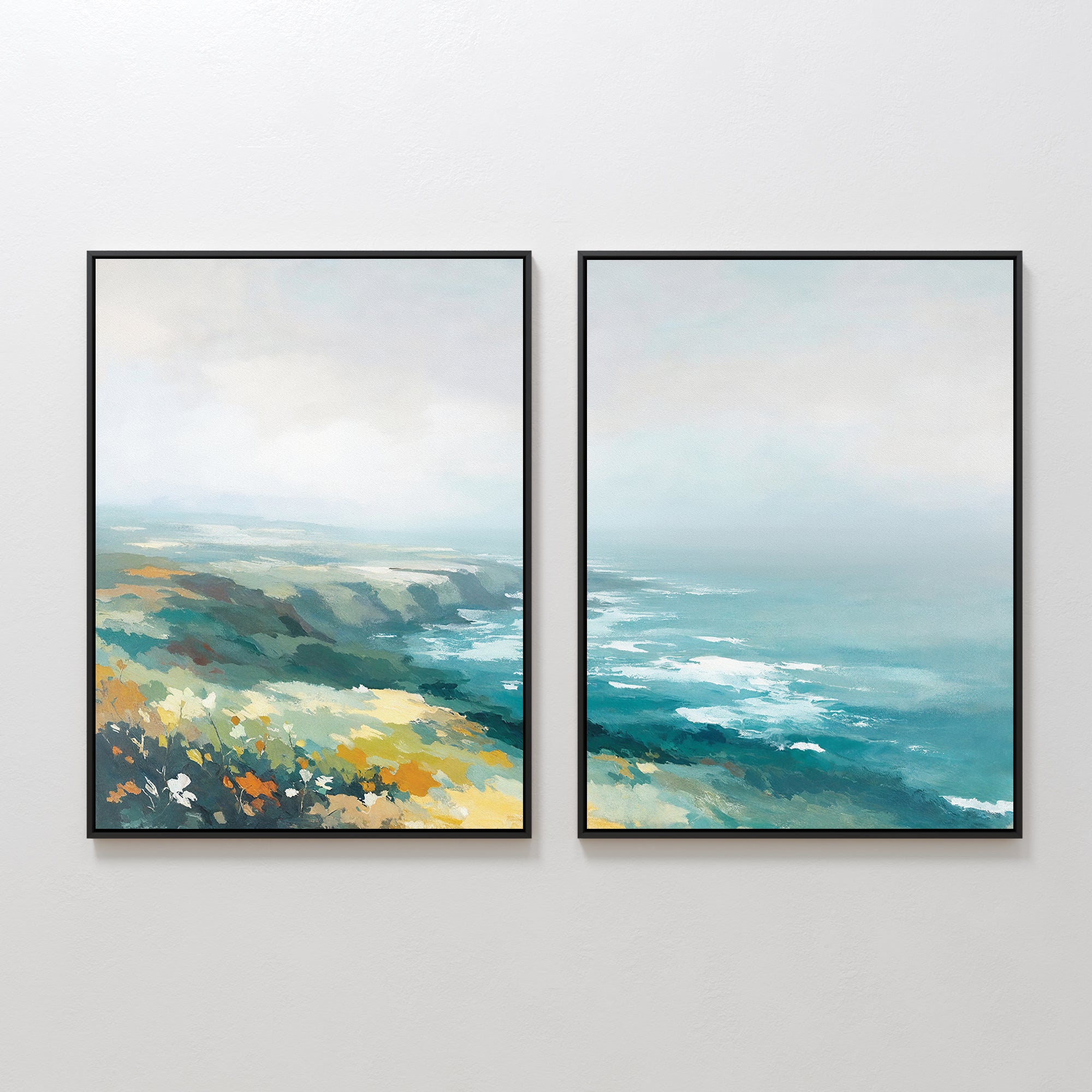 Emerald Cliffs - Set of 2: Framed abstract canvas prints featuring a coastal landscape with emerald cliffs, wildflowers, and ocean hues in blue, green, yellow, and white displayed side by side on a plain white wall.
