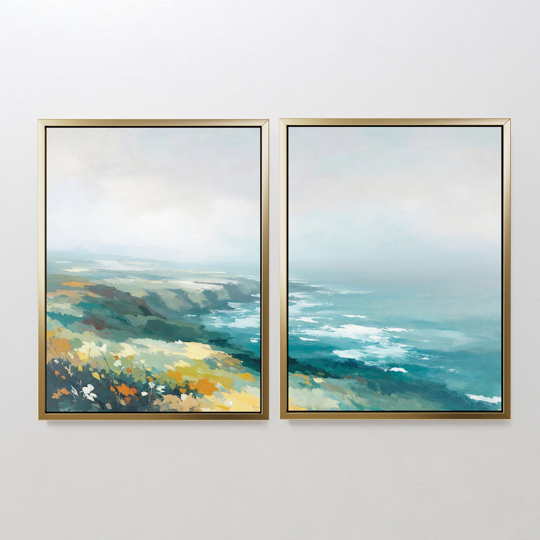 Emerald Cliffs - Set of 2: Framed canvas prints featuring coastal landscapes with misty ocean waves, rugged cliffs, and vibrant yellow-green foliage under a cloudy sky—ideal for fans of Emerald Cliffs scenery.