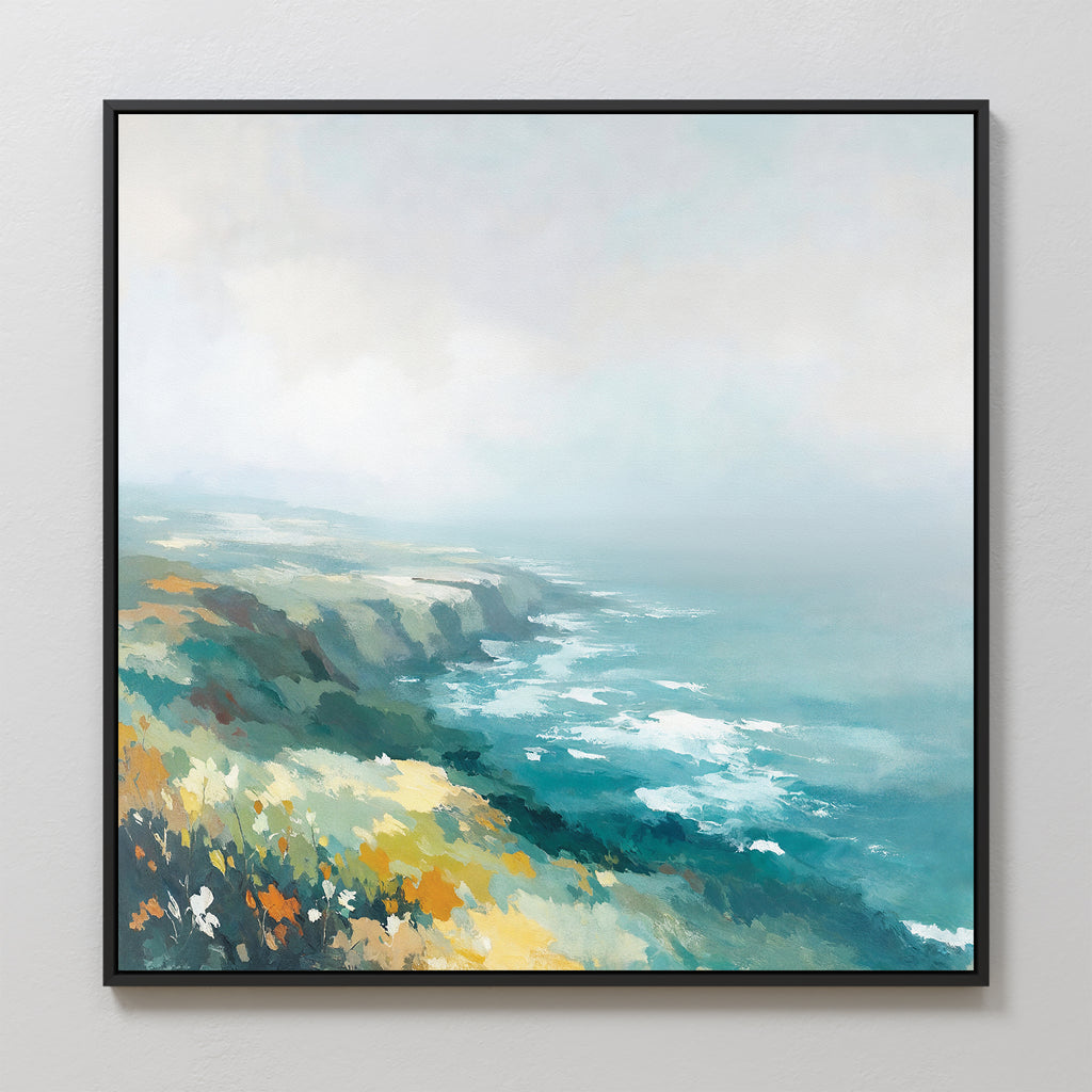 The Emerald Cliffs Canvas Art - Square features a misty coastal landscape with blue-green ocean waves, rugged cliffs, and yellow-green vegetation beneath a hazy sky.