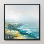 The Emerald Cliffs Canvas Art - Square features a misty coastal landscape with blue-green ocean waves, rugged cliffs, and yellow-green vegetation beneath a hazy sky.