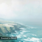 The Emerald Cliffs Canvas Art - Square features a digital painting of misty coastal cliffs and crashing waves in soft blues and greens. “Zoomed In Detail” text appears at the lower left, evoking a tranquil, atmospheric mood.