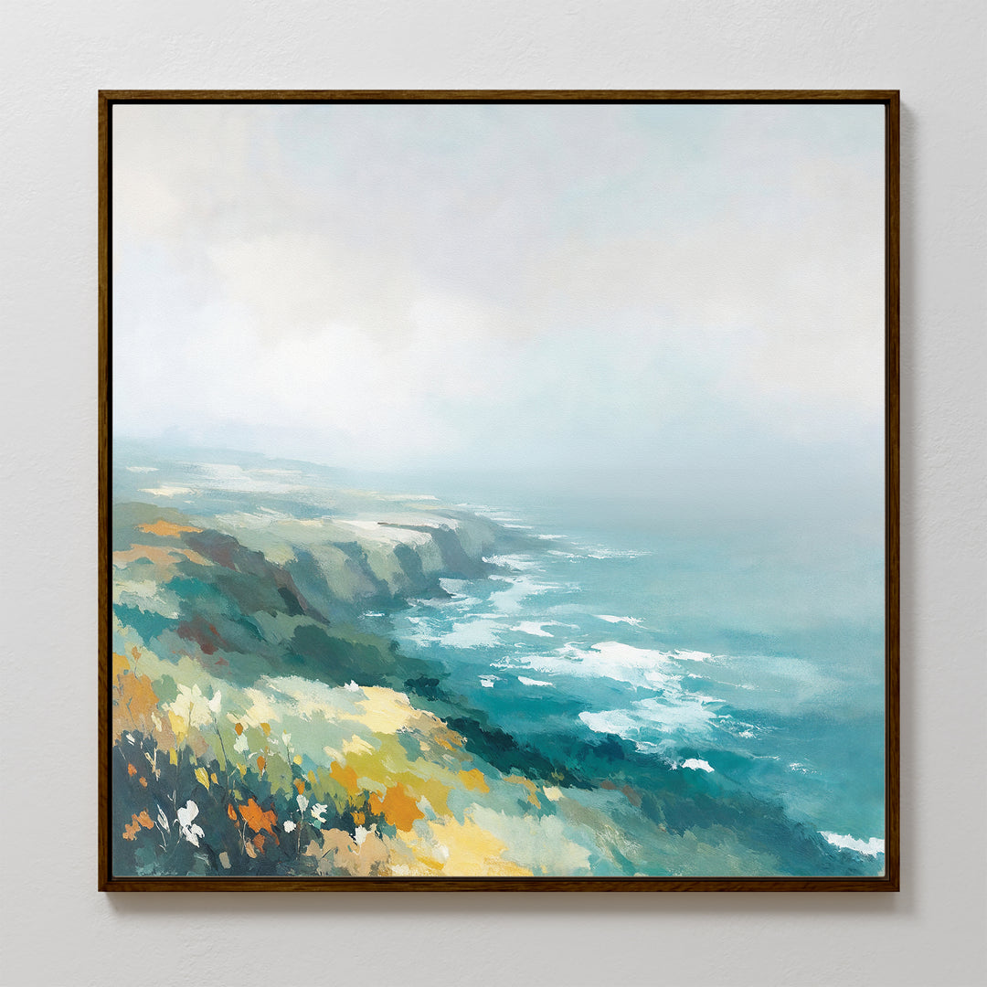 Emerald Cliffs Canvas Art - Square features wildflowers, blue ocean waves, and a misty sky. This framed painting’s soft, impressionistic brushstrokes create a tranquil, Nordic Park-inspired coastal landscape.