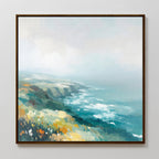 Emerald Cliffs Canvas Art - Square features wildflowers, blue ocean waves, and a misty sky. This framed painting’s soft, impressionistic brushstrokes create a tranquil, Nordic Park-inspired coastal landscape.