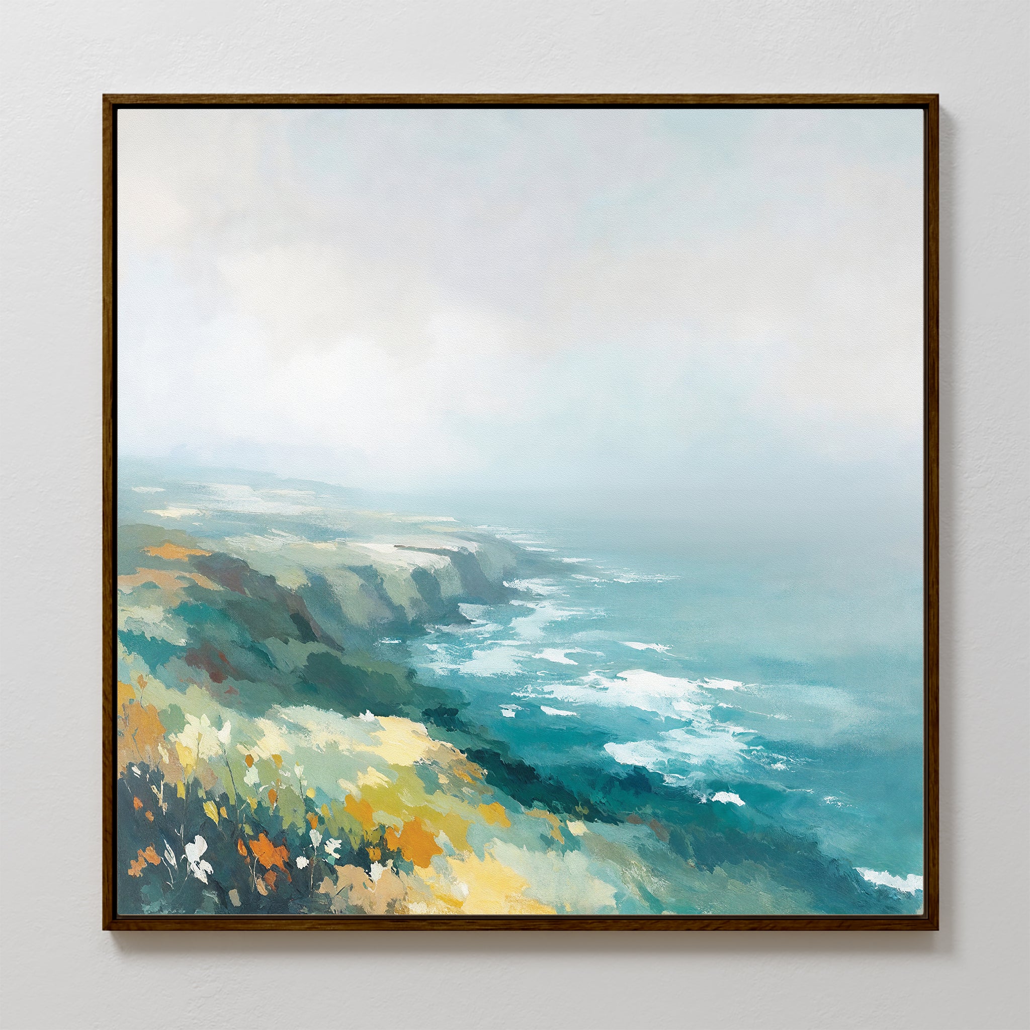 Emerald Cliffs Canvas Art - Square features wildflowers, blue ocean waves, and a misty sky. This framed painting’s soft, impressionistic brushstrokes create a tranquil, Nordic Park-inspired coastal landscape.