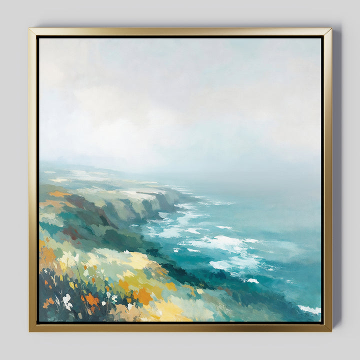 The Emerald Cliffs Canvas Art - Square features misty foamy waves, emerald cliffs, and vibrant yellow, green, and blue foliage blending into a cloudy sky.
