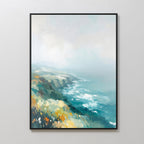 Emerald Cliffs Canvas Art - Vertical showcases a serene coastal landscape with waves. Soft blues, greens, yellows, and whites blend to create a misty, tranquil atmosphere in this calming framed artwork.