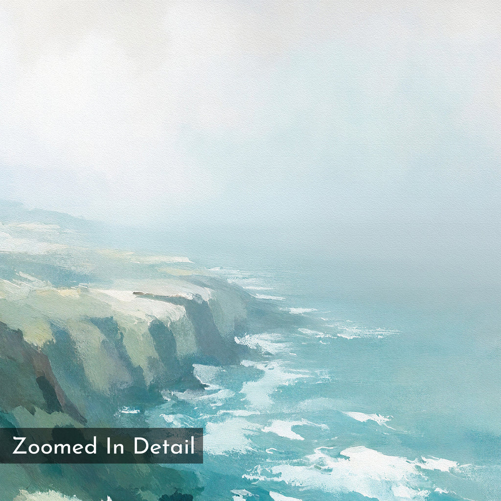 A soft, pastel painting of Emerald Cliffs Canvas Art - Vertical features ocean waves and misty skies. This serene coastal landscape canvas exudes a dreamy vibe. "Zoomed In Detail" appears in the bottom left corner.