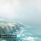 A soft, pastel painting of Emerald Cliffs Canvas Art - Vertical features ocean waves and misty skies. This serene coastal landscape canvas exudes a dreamy vibe. "Zoomed In Detail" appears in the bottom left corner.