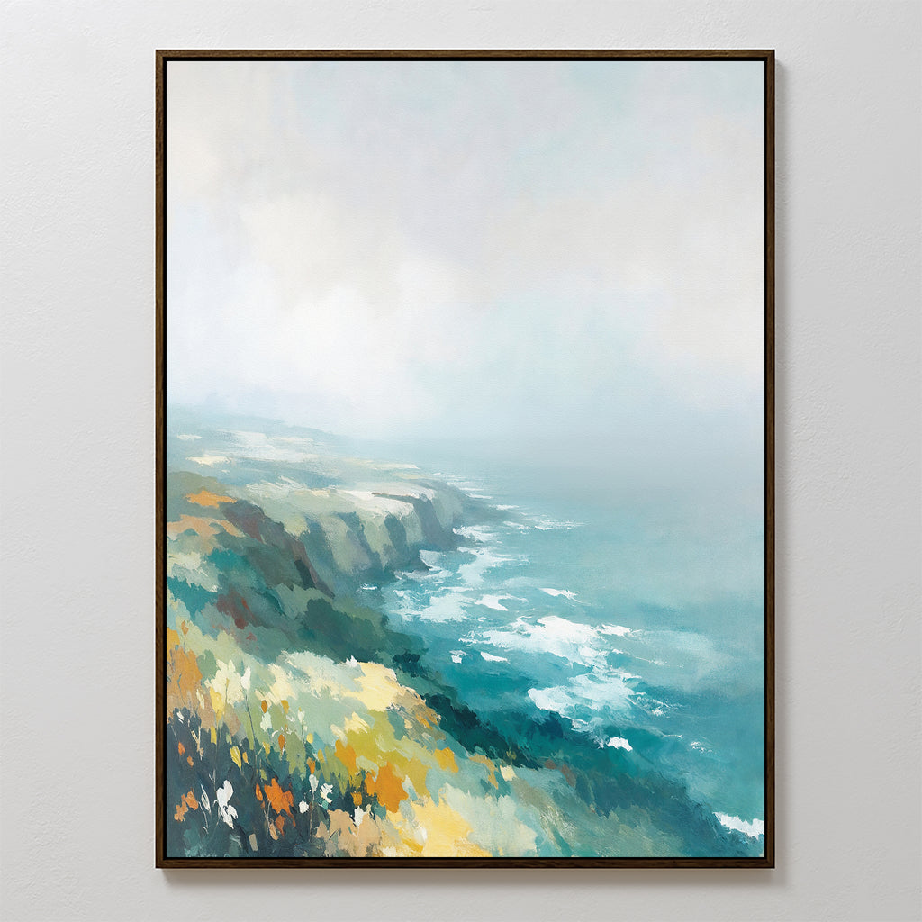 Emerald Cliffs Canvas Art - Vertical features a framed coastal landscape with wildflowers, waves against cliffs, and a cloudy sky in soft blends of blue, green, yellow, and white.