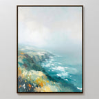 Emerald Cliffs Canvas Art - Vertical features a framed coastal landscape with wildflowers, waves against cliffs, and a cloudy sky in soft blends of blue, green, yellow, and white.