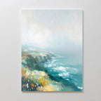 Emerald Cliffs Canvas Art - Vertical" displays an abstract, impressionistic coastal landscape with green, yellow, and orange foliage on cliffs above a blue ocean and hazy sky—an ideal choice for coastal decor.