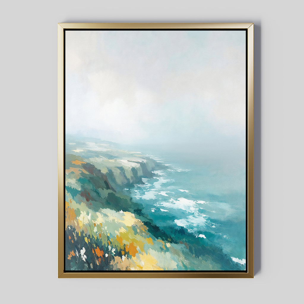Emerald Cliffs Canvas Art - Vertical features a misty coastal landscape with cliffs, waves, and soft pastel tones of yellow, green, and blue. The serene scene is enhanced with an atmospheric look and a stylish golden frame.