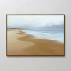 The Endless Shoreline Canvas Art - Horizontal features a serene coastal scene of gentle waves on a sandy beach beneath a cloudy sky, with soft, muted colors creating a calm and peaceful wall art accent.