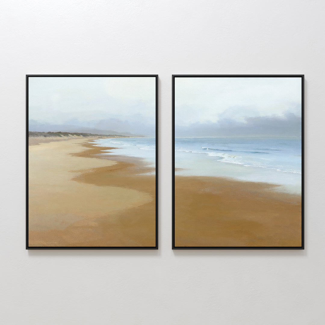 The "Endless Shoreline - Set of 2" features framed coastal canvas prints showing a tranquil sandy beach and gentle waves under a cloudy sky, creating peaceful Nordic Park-inspired decor when hung side by side.