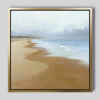 The Endless Shoreline Canvas Art - Square features a tranquil beach with gentle waves, a wide sandy shore, and a cloudy sky in soft, muted colors—perfect coastal wall art for adding serene decor to your home.