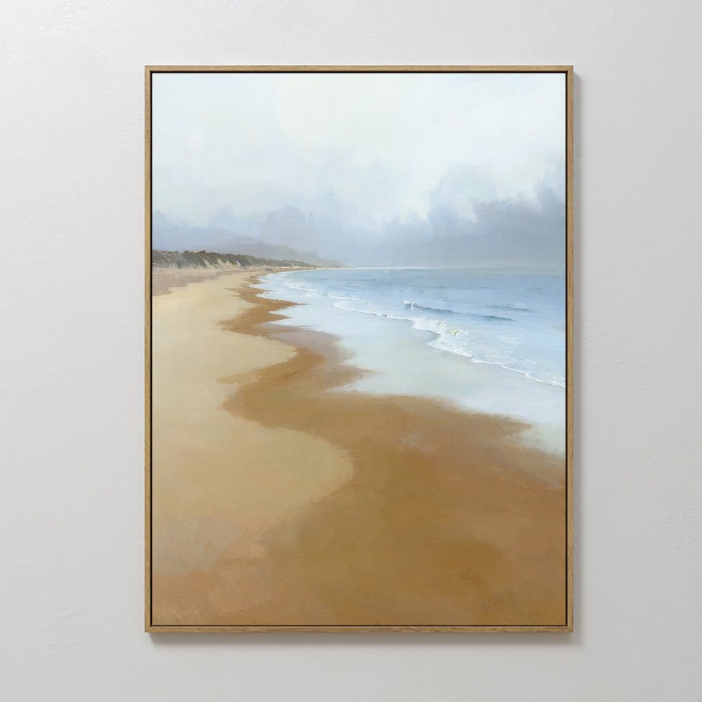 The Endless Shoreline Canvas Art - Vertical features a serene beach scene with gentle waves, sandy shore, and misty sky in soft, muted colors. This calming coastal print makes a peaceful addition to any space.
