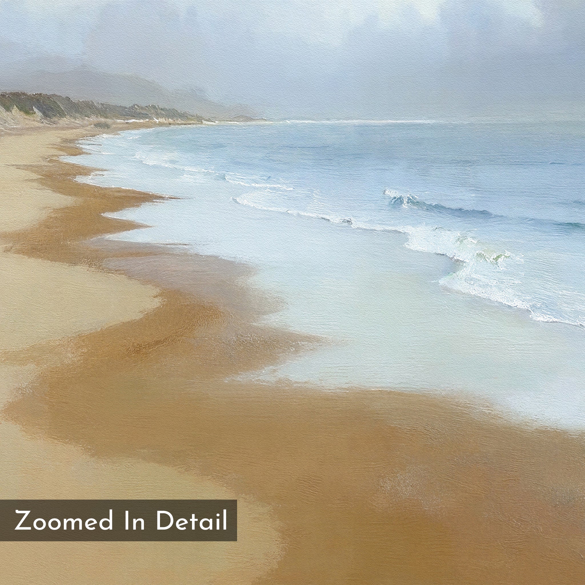 The Endless Shoreline Canvas Art - Vertical features a soft pastel coastal scene of gentle waves on a sandy beach beneath a cloudy sky, with "Zoomed In Detail" text in the bottom left corner.