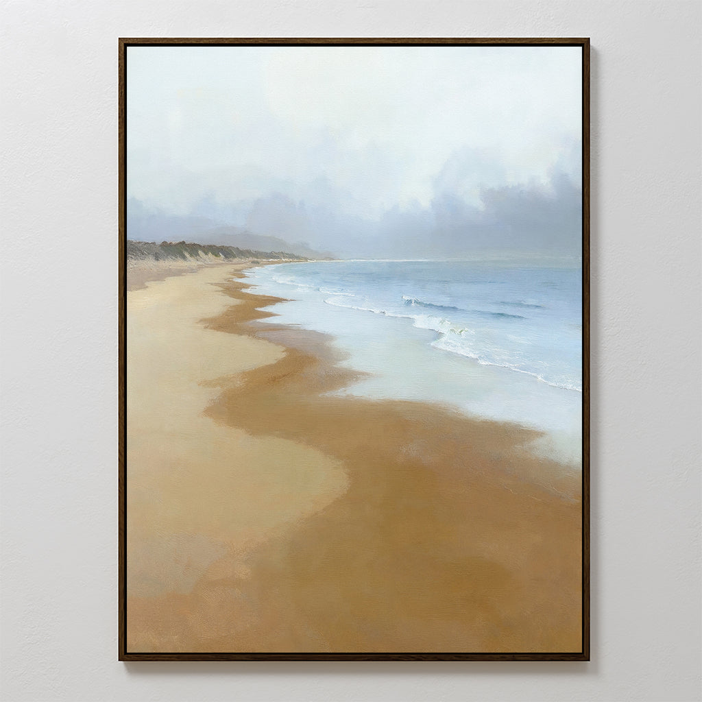 The Endless Shoreline Canvas Art - Vertical features a serene beach scene with soft waves, sandy shore, dunes, and a cloudy sky—perfect tranquil wall art for any room.