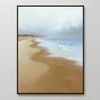 The Endless Shoreline Canvas Art - Vertical features a serene beach scene with soft waves, sandy shore, dunes, and a cloudy sky—perfect tranquil wall art for any room.