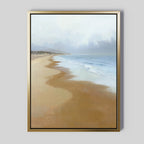 The Endless Shoreline Canvas Art - Vertical features gentle waves on a tranquil shore beneath a soft, cloudy sky. Muted pastels blend sand and sea, making it an ideal wall decor for calming, Nordic Park-inspired spaces.