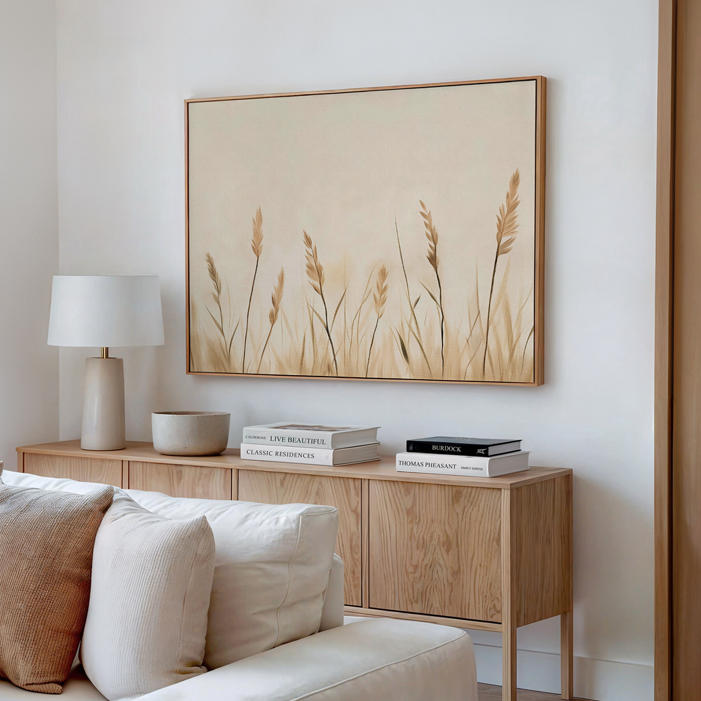 Minimalist living room with a light wood sideboard, white table lamp, neutral pottery, and stacked books. Above the beige sofa with textured cushions hangs the Whispering Reeds Canvas Art on a white wall.