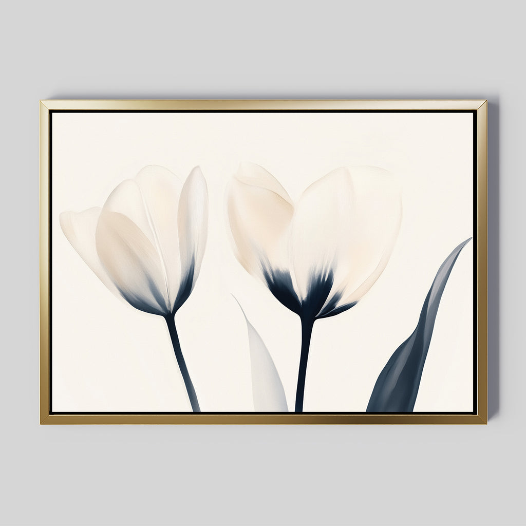 The Ethereal Blooms Canvas Art - Horizontal features two pale, abstract tulips with dark stems on a light background—its minimalist style brings elegance to modern living rooms, especially when displayed on a neutral gray wall.