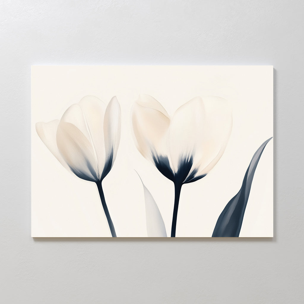 The Ethereal Blooms Canvas Art - Horizontal features two pale tulips with dark stems and leaves on a light background, showcasing soft petals and elegant lines—an ideal touch of subtle charm for modern living rooms.