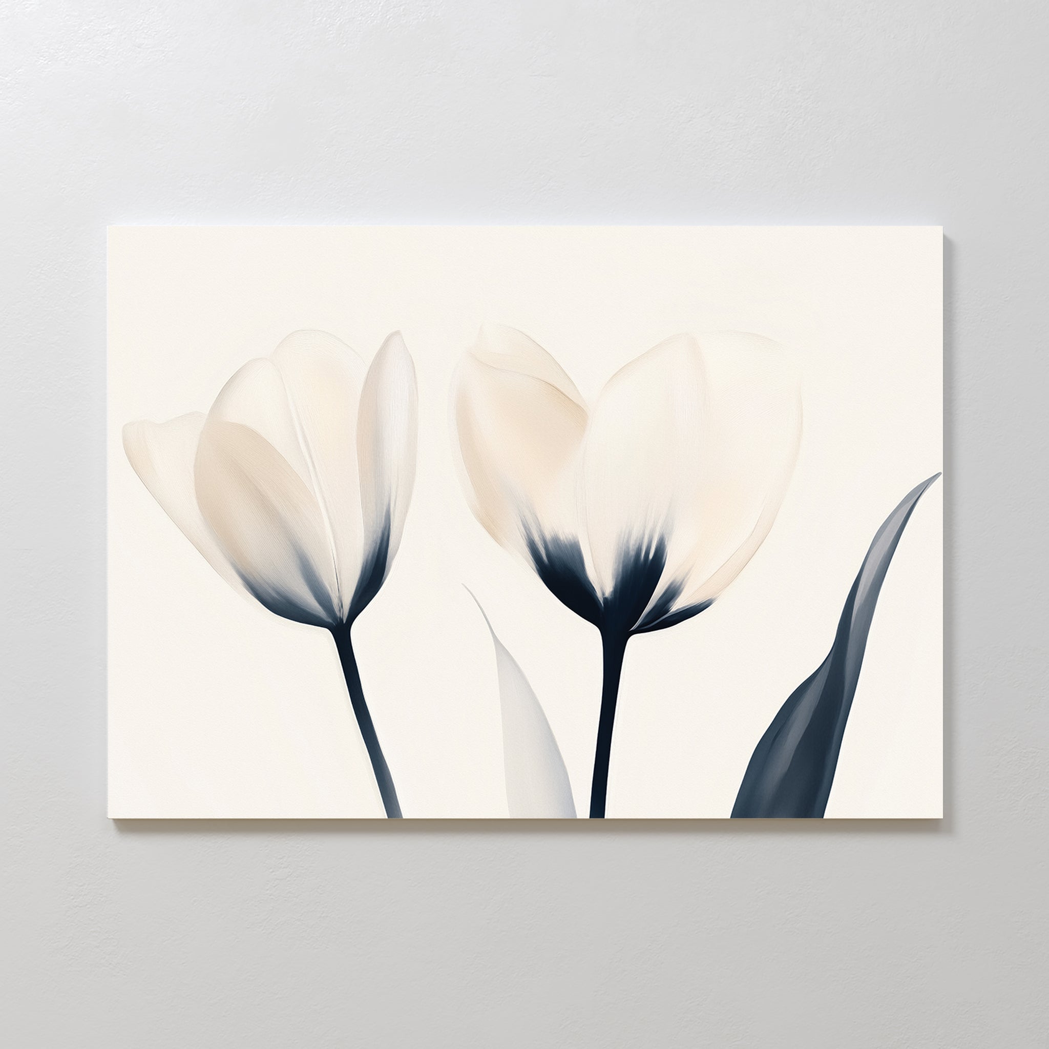 The Ethereal Blooms Canvas Art - Horizontal features two pale tulips with dark stems and leaves on a light background, showcasing soft petals and elegant lines—an ideal touch of subtle charm for modern living rooms.