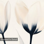 The Ethereal Blooms Canvas Art - Horizontal features a minimalist illustration of two magnolia flowers with creamy white petals and dark blue stems on a light background. “Zoomed In Detail” text appears in the bottom left corner. Ideal for modern living rooms.