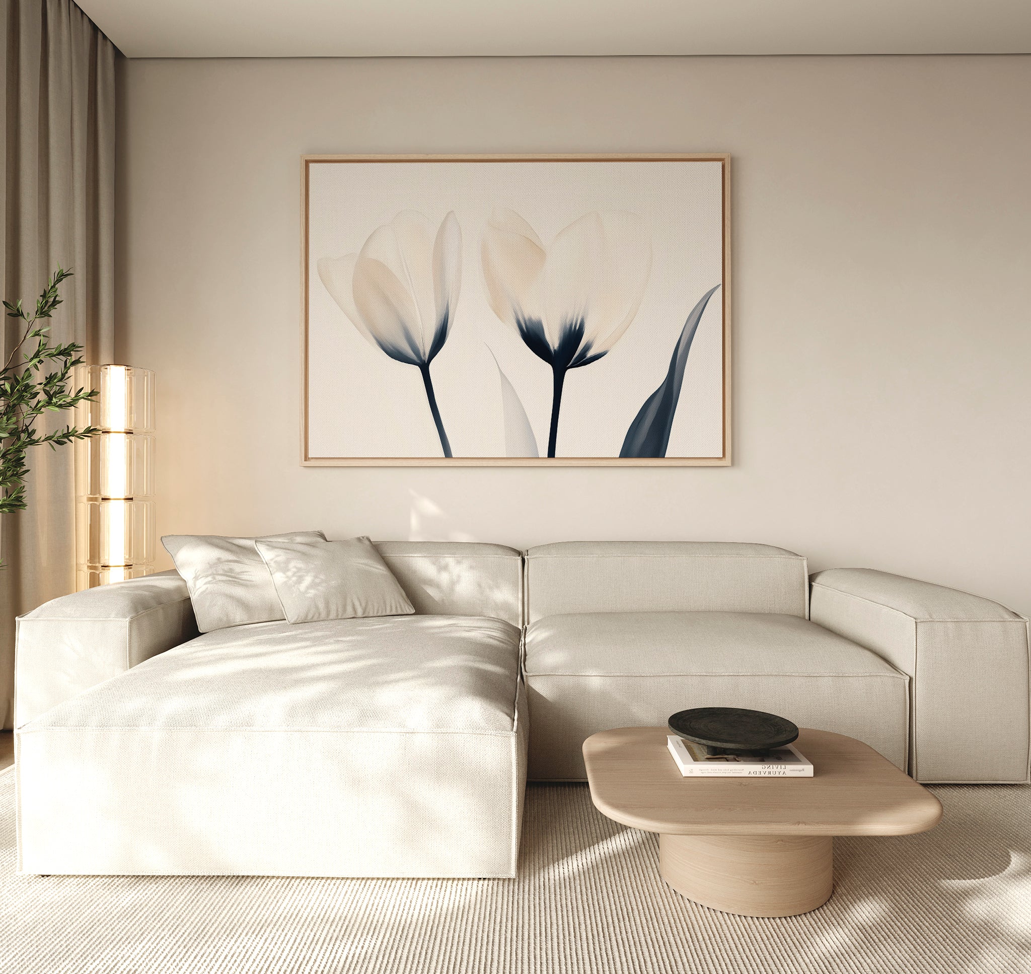 A modern living room features a light beige sectional, a low wooden coffee table, and the Ethereal Blooms Canvas Art - Horizontal. Neutral tones and soft natural light create the serene, minimalist feel of Nordic Park-inspired spaces.